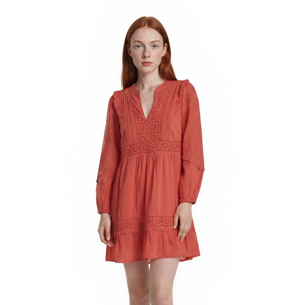 Akemi + Kin Anthropologie Dress Womens Size Small Coral Boho Crochet Lace V Neck